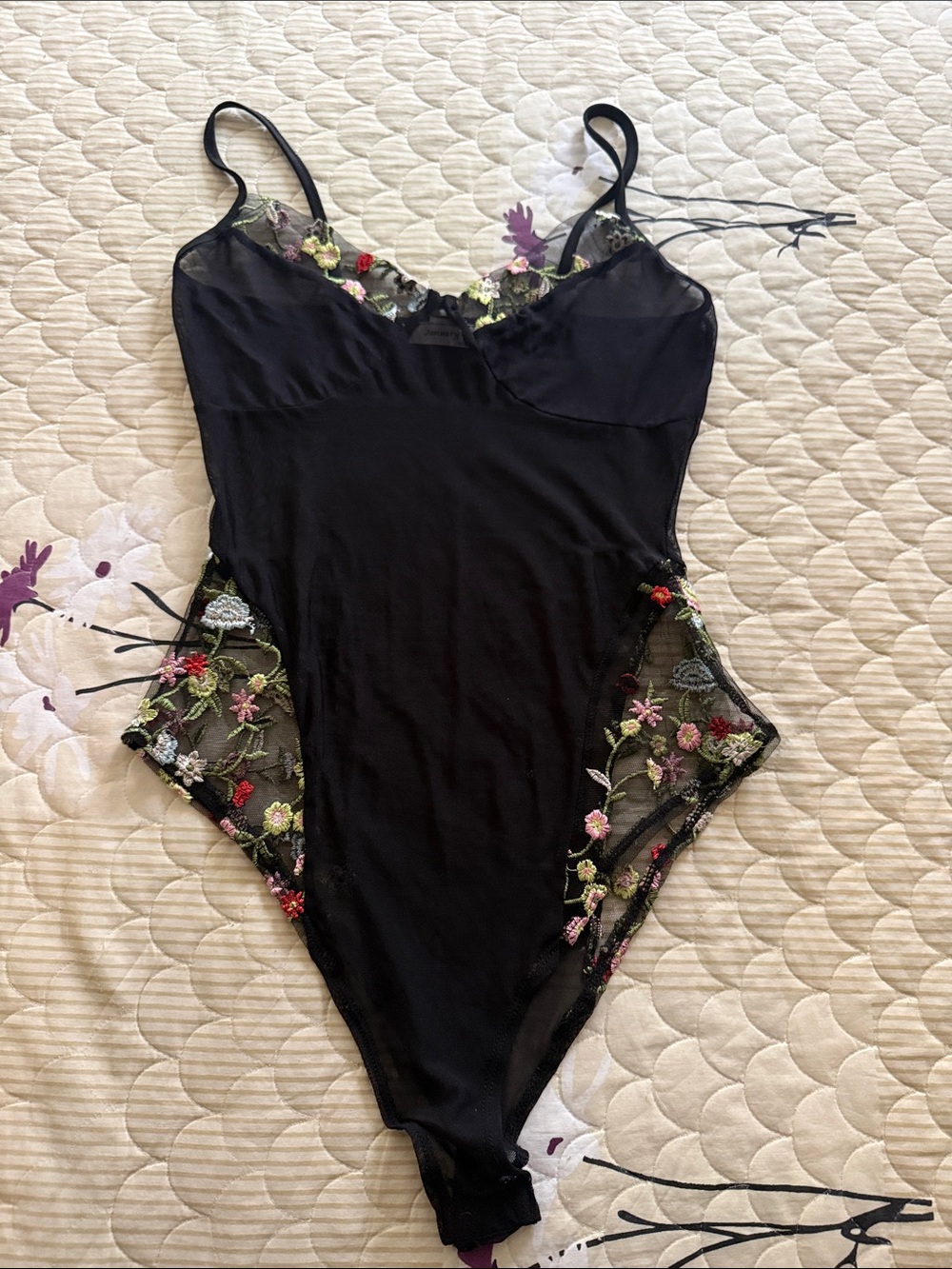 Black Floral Embroidered Lace Bodysuit for Women